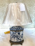 Decorated Pottery Lamp W/Cloth Shade