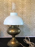 Vintage Metal Oil Lamp W/Milk Glass Shade-Electrified