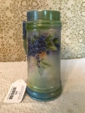 Vintage Porcelain Tankard W/Hand Painted Blueberries Is Artist Signed