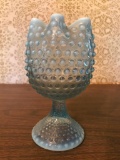 Opalescent Hobnail Pedestal Rose Bowl W/Duncan Glass Label