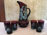 Beautiful Amethyst Enameled Pitcher W/(6) Matching Water Glasses