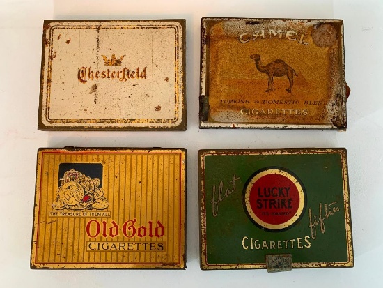 (4) Vintage Tin Cigarette Boxes Chesterfield, Old Gold, Camel, & Lucky Strike