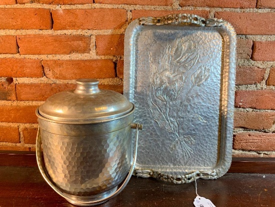 Hammered Aluminum Serving Tray & Ice Bucket