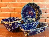 (3) Pcs. Blue Agate Spatterware From Bennington, Vermont Stoneware