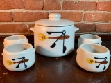 Vintage Westbend Stoneware Bean Pot W/(4) Soup Cups