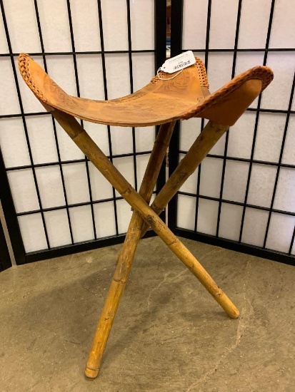 Fold-Up Stool W/Leather Seat