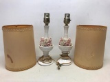 (2) Matching Porcelain Bedroom Lamps W/Florals & Shades