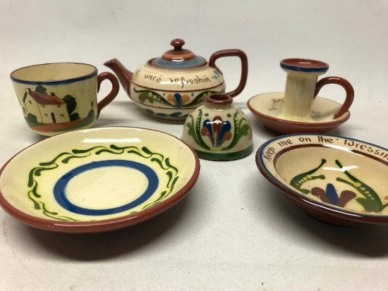 (6) Torquay Devon Ware (England) Teapot, Candle Holder, & Misc. W/Motto's