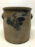 Antique 2 Gallon Handled Crock W/Cobalt Bee Sting Design