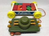 Vintage Wooden Playskool Tank & Wagon W/Blocks