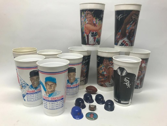 (11) Early 90's Plastic Drink Cups W/Baseball & Football + 1990 Reds Champions Ring