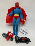 1974 Mego Spiderman Figure & 1975 Hot Wheel Cars + Motorcycle