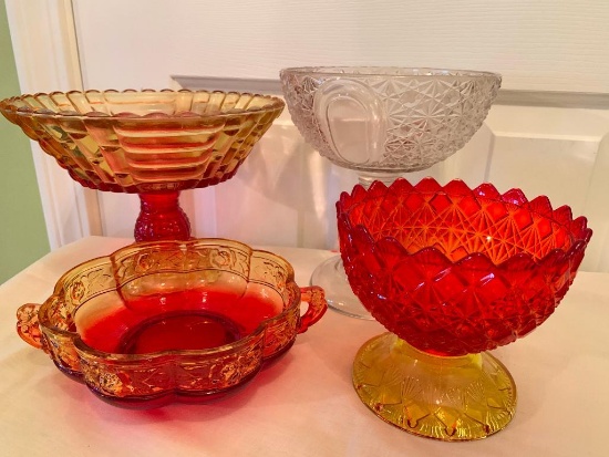 (3) Pcs. Of Amberina Glass & Clear Glass Compote