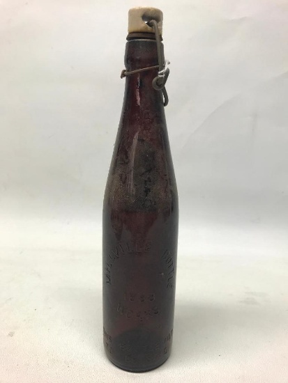 Millville Bottle Works 1888 Amber Bottle W/Porcelain Stopper