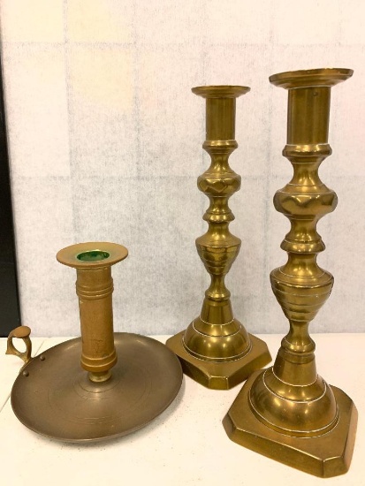 (2) Matching Brass Tall Candle Holders + A Push Up Holder
