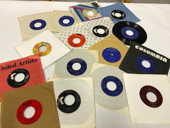 Group of Vintage 45 RPM Records with More Rare Labels Including King, Boo,Blue Note, A-T Records Etc