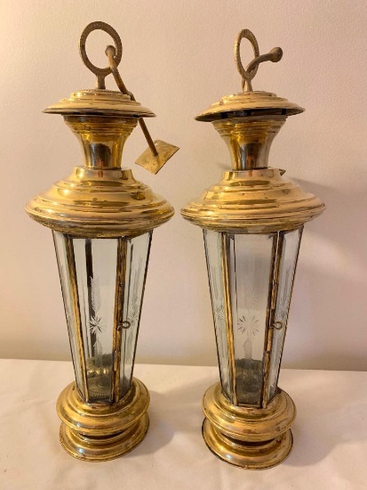(2) Matching Brass Coach Lanterns W/Etched Glass