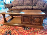 Oak Coffee Table W/2-Doors & Glass Insert