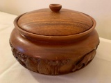 Carved Monkey Pod Wood Lidded Bowl W/Water Buffalo