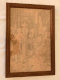 Vintage Framed Tapestry Of Renaissance Scene