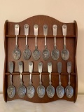 Pewter Spoons Collection Of (13) Original Colonies In Holder