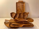 Group Of Monkey Pod Wood Serving Trays & Misc. Items