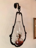 1950's Cast Iron Lamp Frame W/Kerosene Lantern