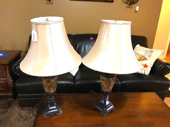 (2) Matching Decorator Lamps W/Marble Insert & Cloth Shades