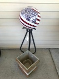 American Flag, Decorative, Tile Ball in Stand and Small Planter