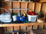 Shelf of Cushions, Sprinklers, Baskets, Propane Tank and More in Shed!