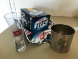 Miller Lite Cardboard Hat, Schlitz Beer Glass and Chrome Mug