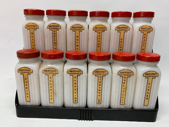 Vintage Griffith's Milk Glass Spice Set W/Holder