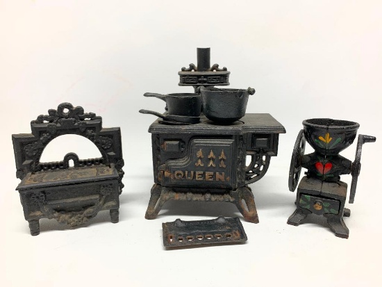 Vintage Cast Iron "Queen" Stove, Match Holder, & Coffee Mill
