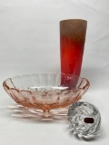 Glassware: Tall Red Vase, Fruit Bowl, & Gorham Crystal Candleholder