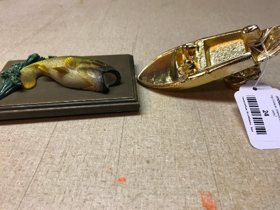 Miniature Metal Boat and Fish Plaque, Boat is Approx. 4" Long