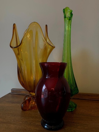 (3) Vintage Colored Glass Vases