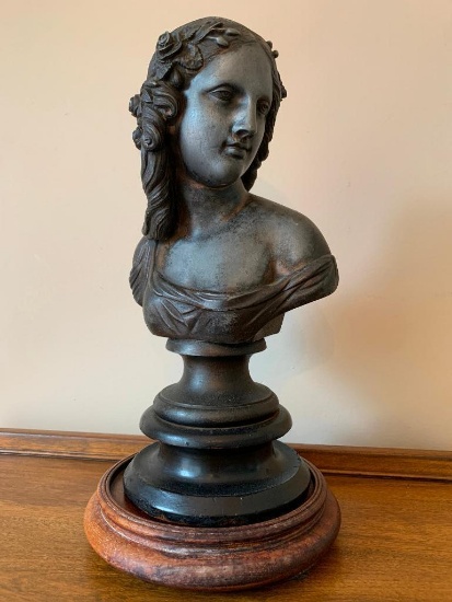 Antique Spelter Bust Of Victorian Looking Lady On Wood Base