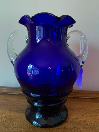 Cobalt Blue Double-Handled Vase W/Clear Handles