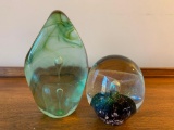 (2) Artist Signed Glass Paperweights