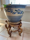 Pottery Planter On Wooden Base