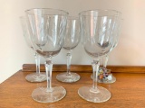 (5) Etched Stemmed Wine Glasses
