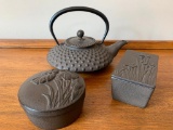 Cast Iron Oriental Teapot & (2) Lidded Boxes