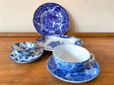 (2) Flow Blue Plates + (2) Blue/White Cups & Saucers