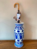 Ceramic Pottery Blue & White Umbrella Holder W/Umbrella