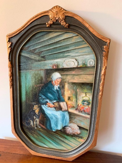 Framed Oil On Board Of Elderly Woman Flaxing Cotton W/Her Dog Signed "C.L. Greeger"