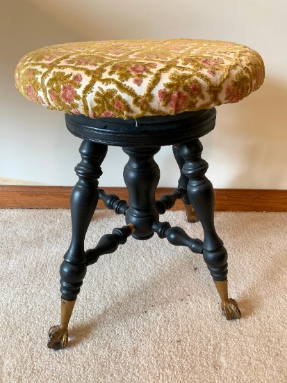 Antique Organ Stool W/Swivel Seat & Claw/Ball Feet