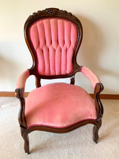 Victorian Walnut Fauteuil Arm Chair WCarved Crest & Tufted Back