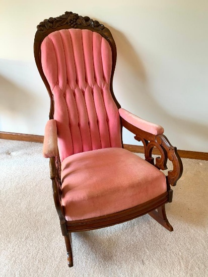 Victorian Walnut Fauteuil Rocking Chair WCarved Crest & Tufted Back