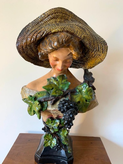 Plaster Hand Painted Bust Of Young Lady In Hat W/Grapes & Vines