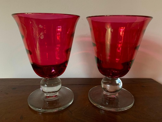 Matching Vintage Glass Vases W/Clear Bases & Cranberry Tops